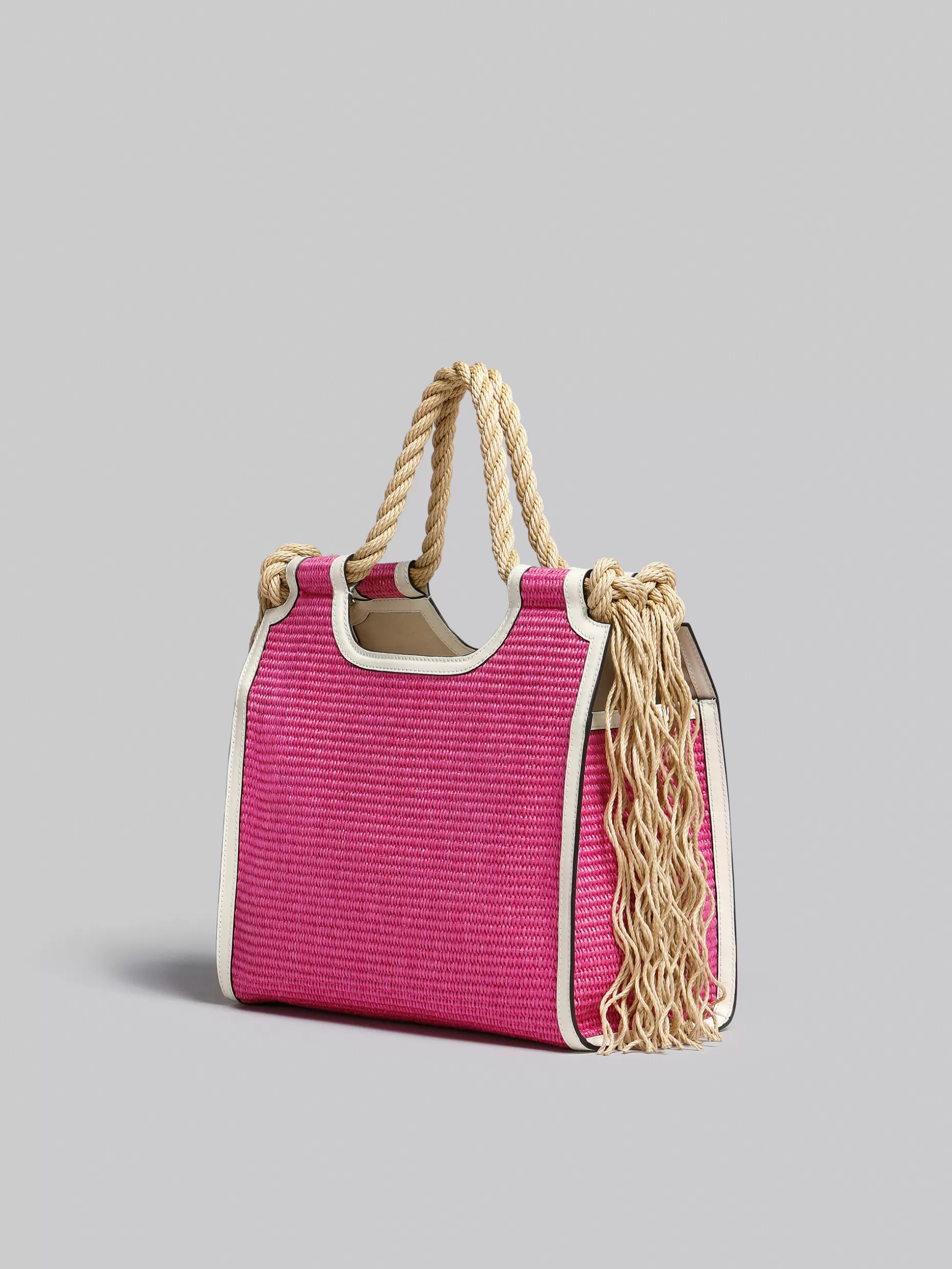 Women Marni X No Vacancy Inn - Marcel Tote Bag In Pink Raffia With White Trims