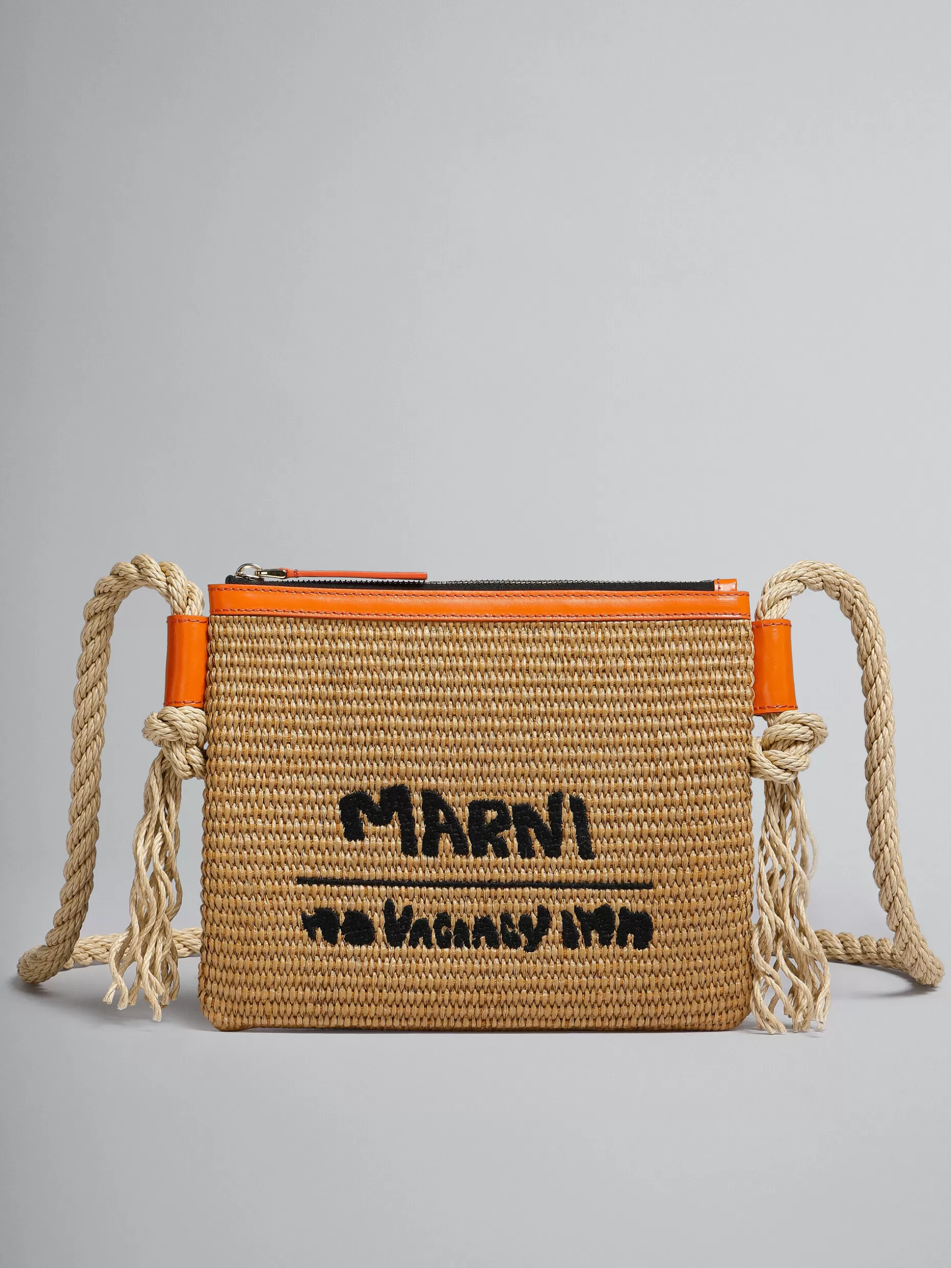Women Marni X No Vacancy Inn - Marcel Zip Pochette In Raffia With Orange Trims