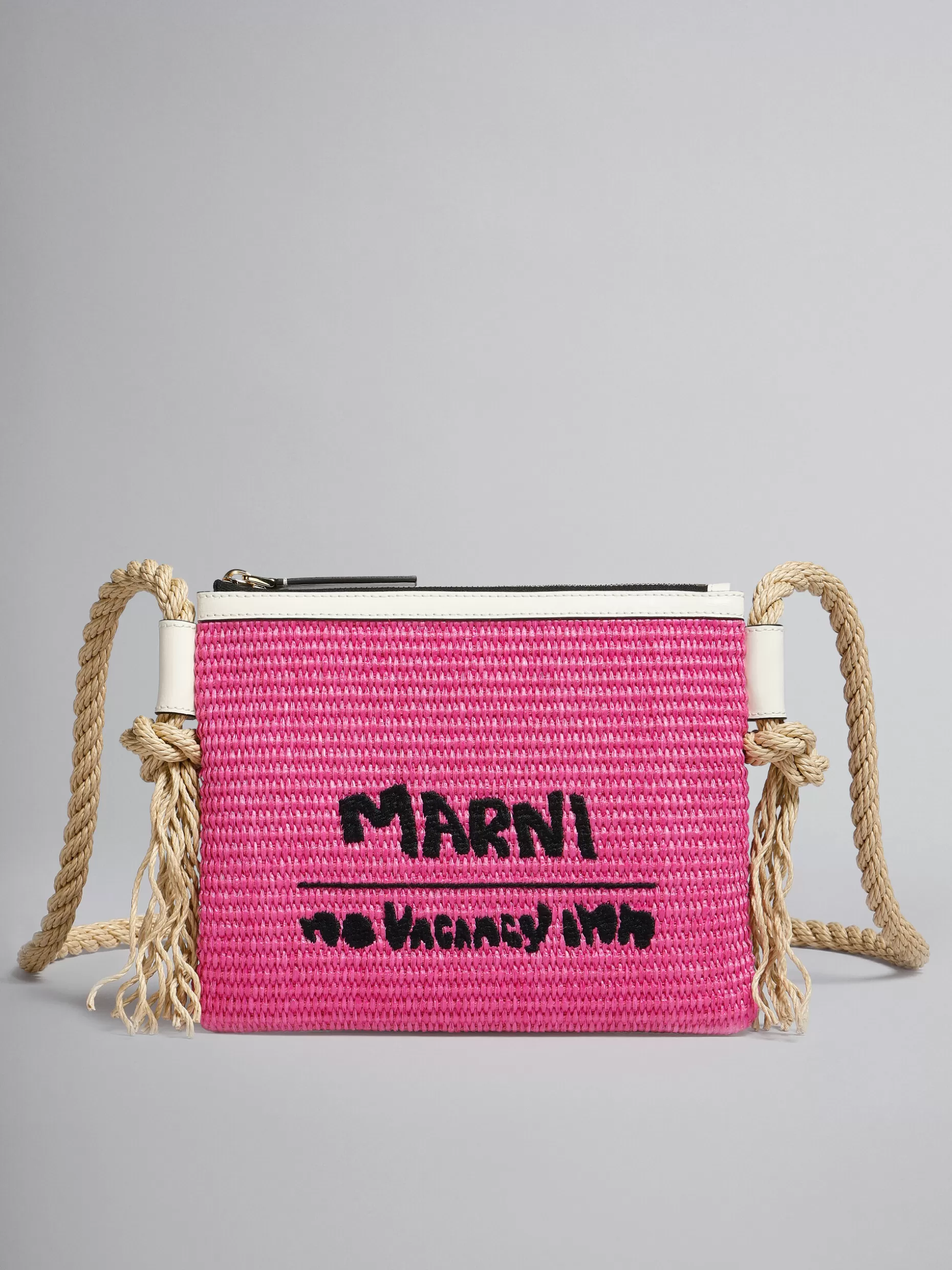 Women Marni X No Vacancy Inn - Marcel Zip Pouch In Pink Raffia With White Trims