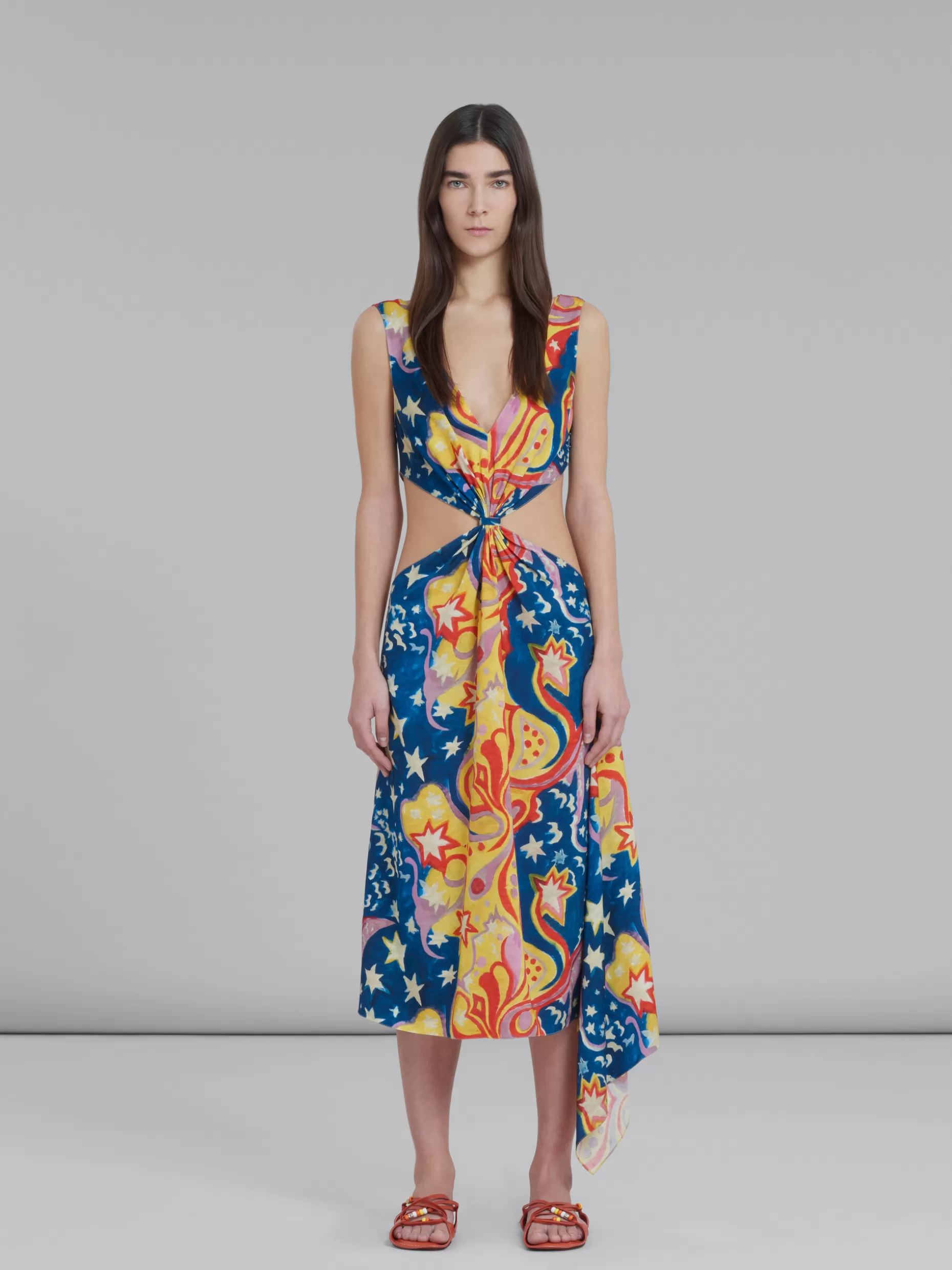 Women Marni X No Vacancy Inn - Multicolor Satin Cut-Out Midi Dress With Galactic Paradise Print
