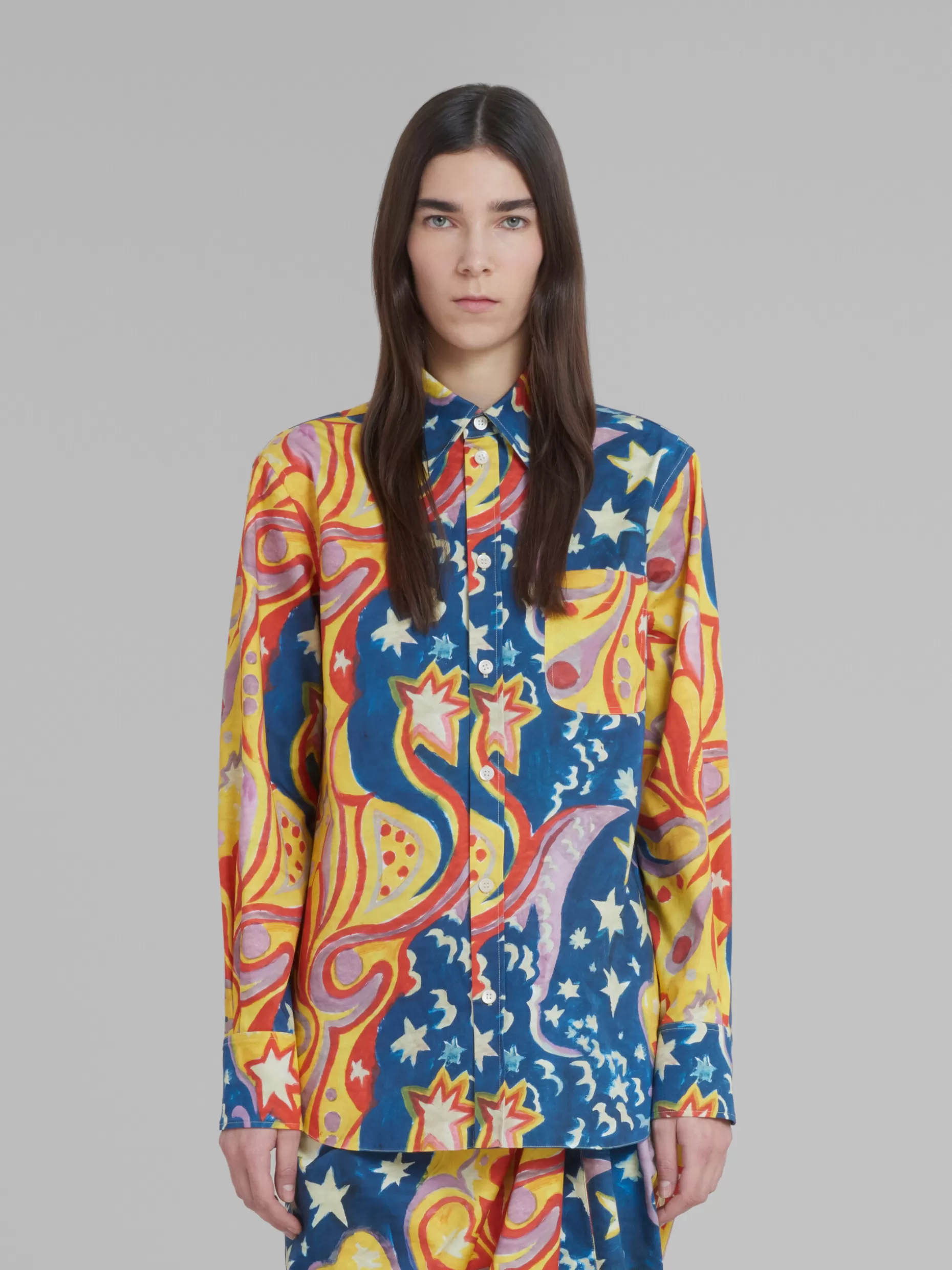 Women Marni X No Vacancy Inn - Multicolored Cotton Satin Shirt With Galactic Paradise Print