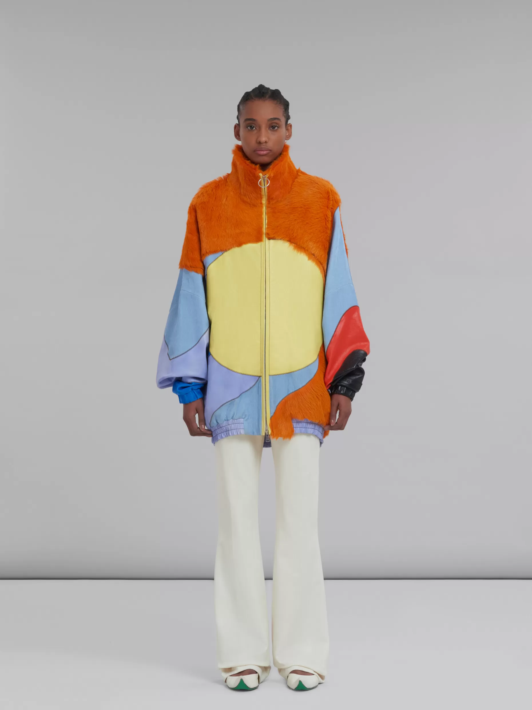 Women Marni Multicolour Jacket In Long Hair Calfskin With Inlays