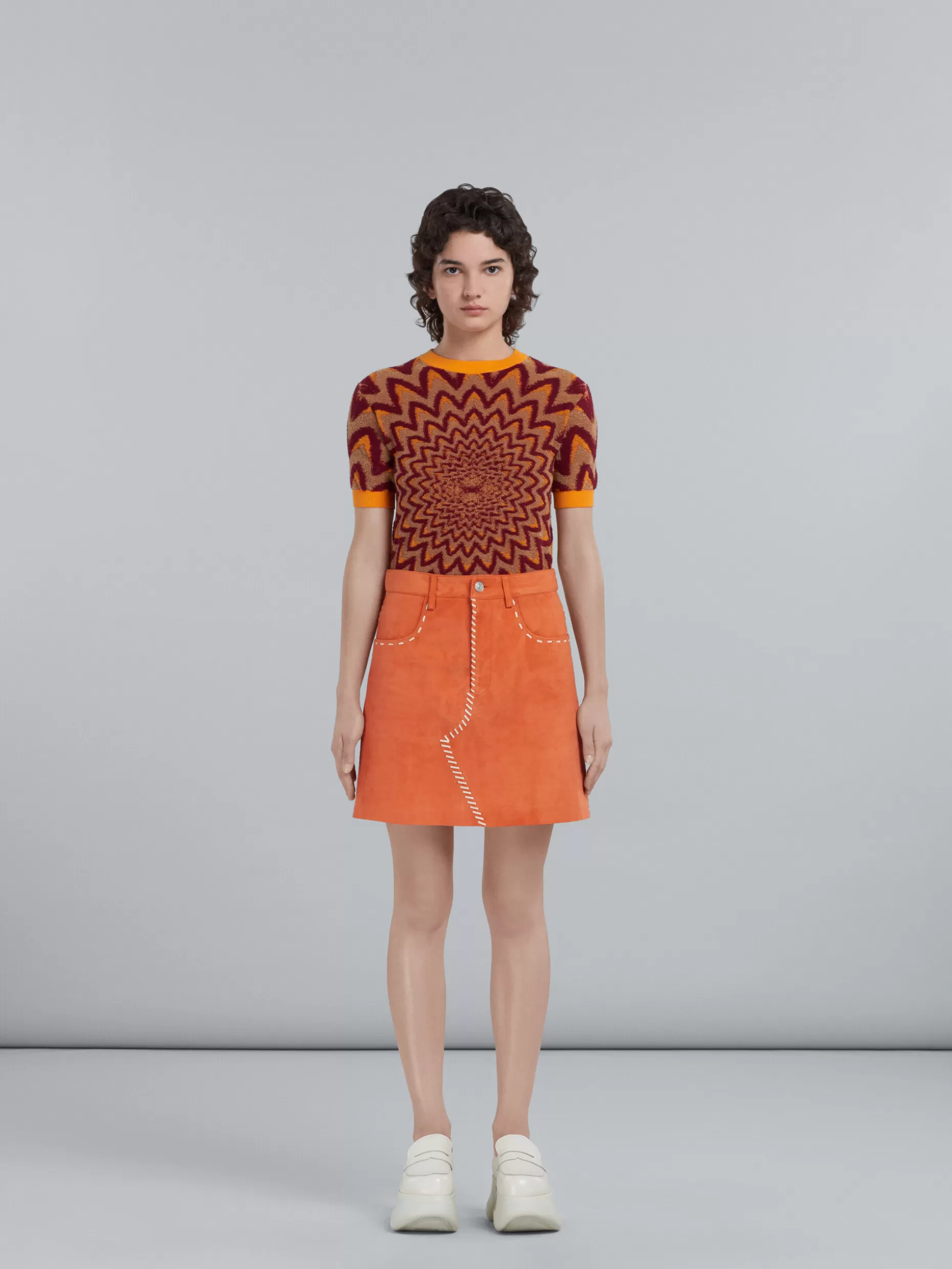 Women Marni Orange Suede Skirt With Nappa Stitching