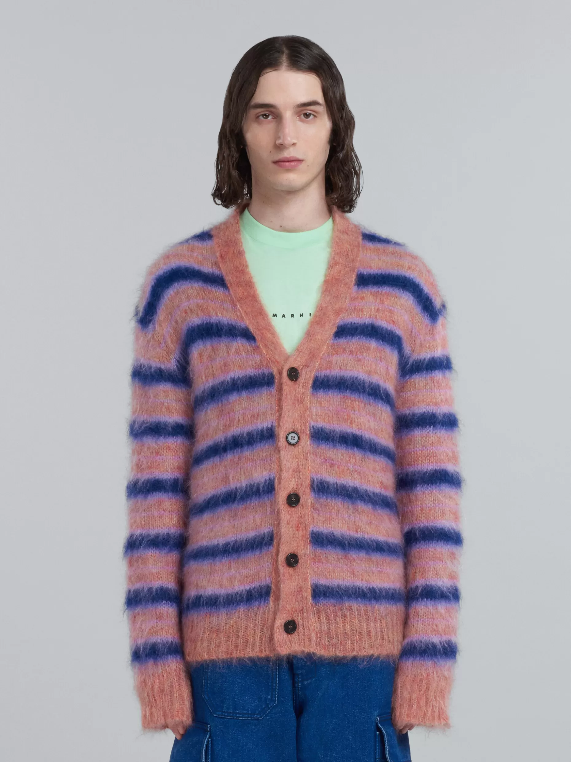 Men Marni Pink Striped Mohair Cardigan