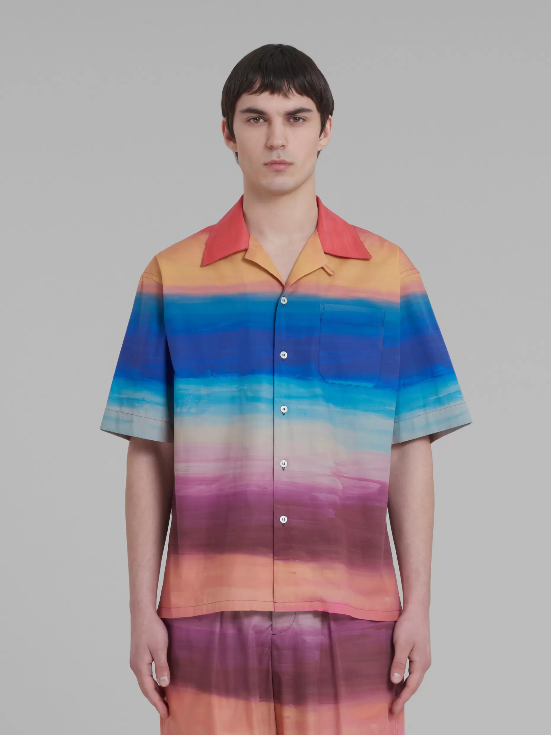 Men Marni Poplin Bowling Shirt With Dark Side Of The Moon Print