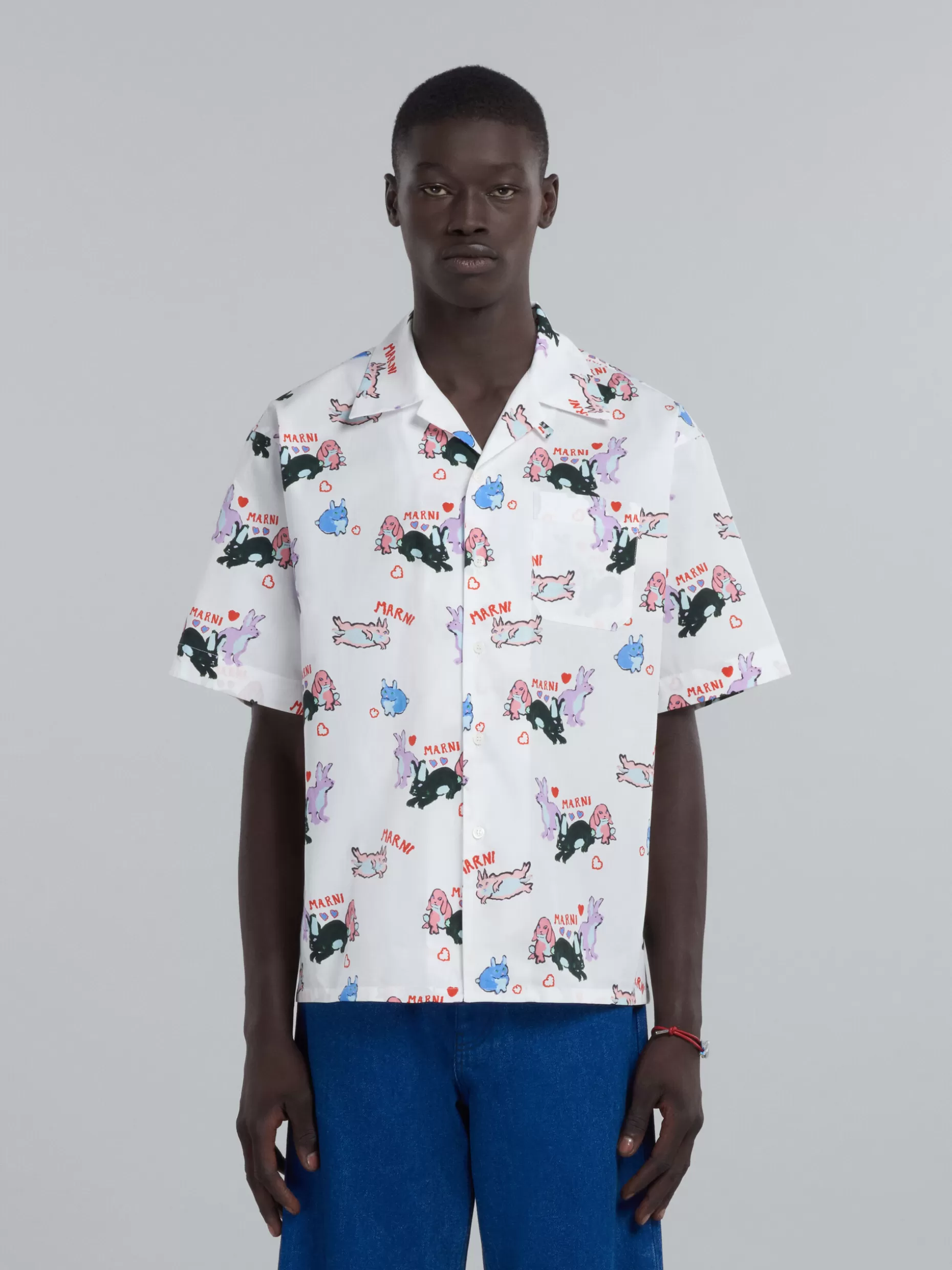 Men Marni Poplin Bowling Shirt With Rabbit Print