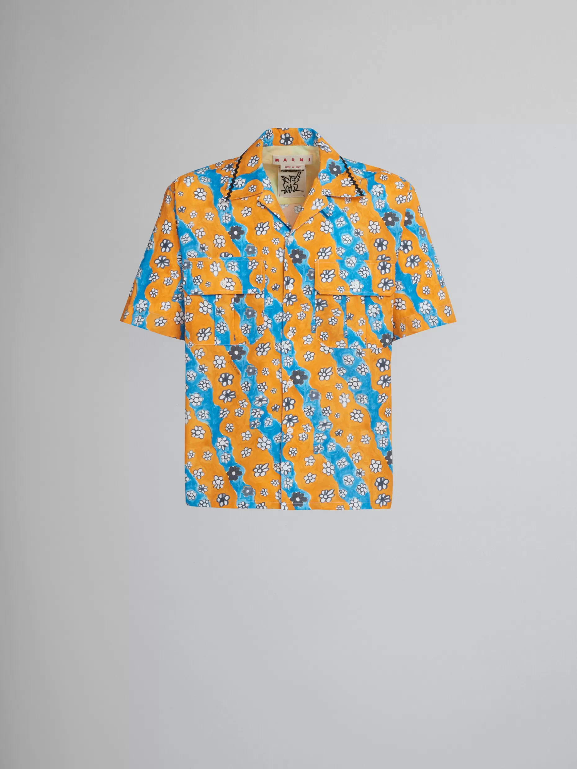 Men Marni Poplin Bowling Shirt With Stripy Flowers Print