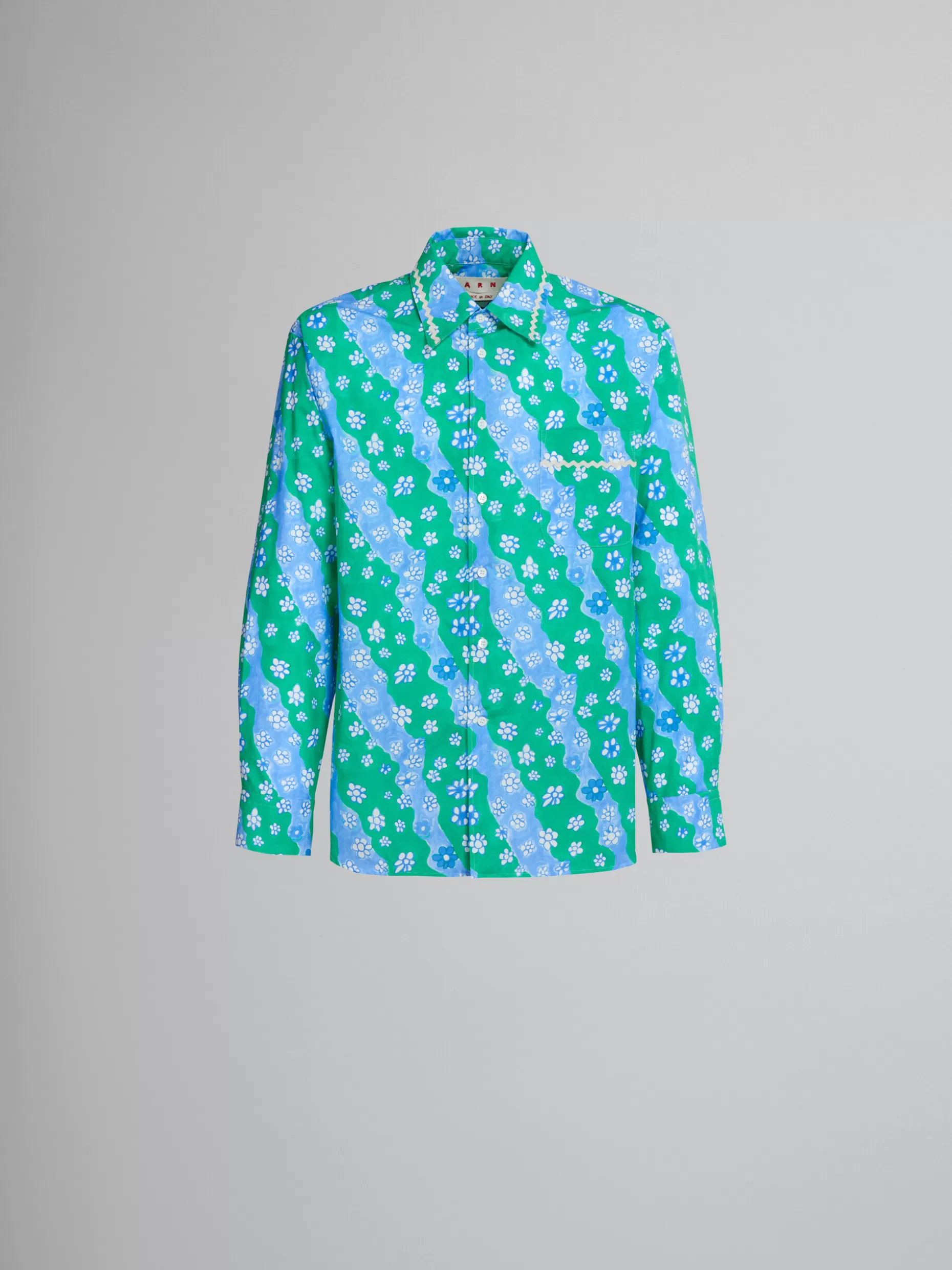 Men Marni Poplin Shirt With Green Stripy Flower Print