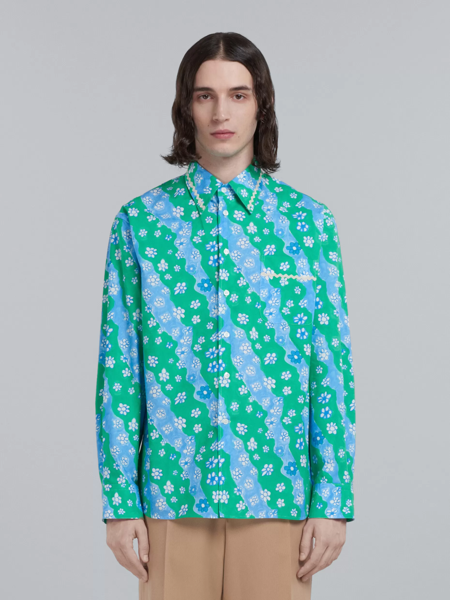 Men Marni Poplin Shirt With Green Stripy Flower Print