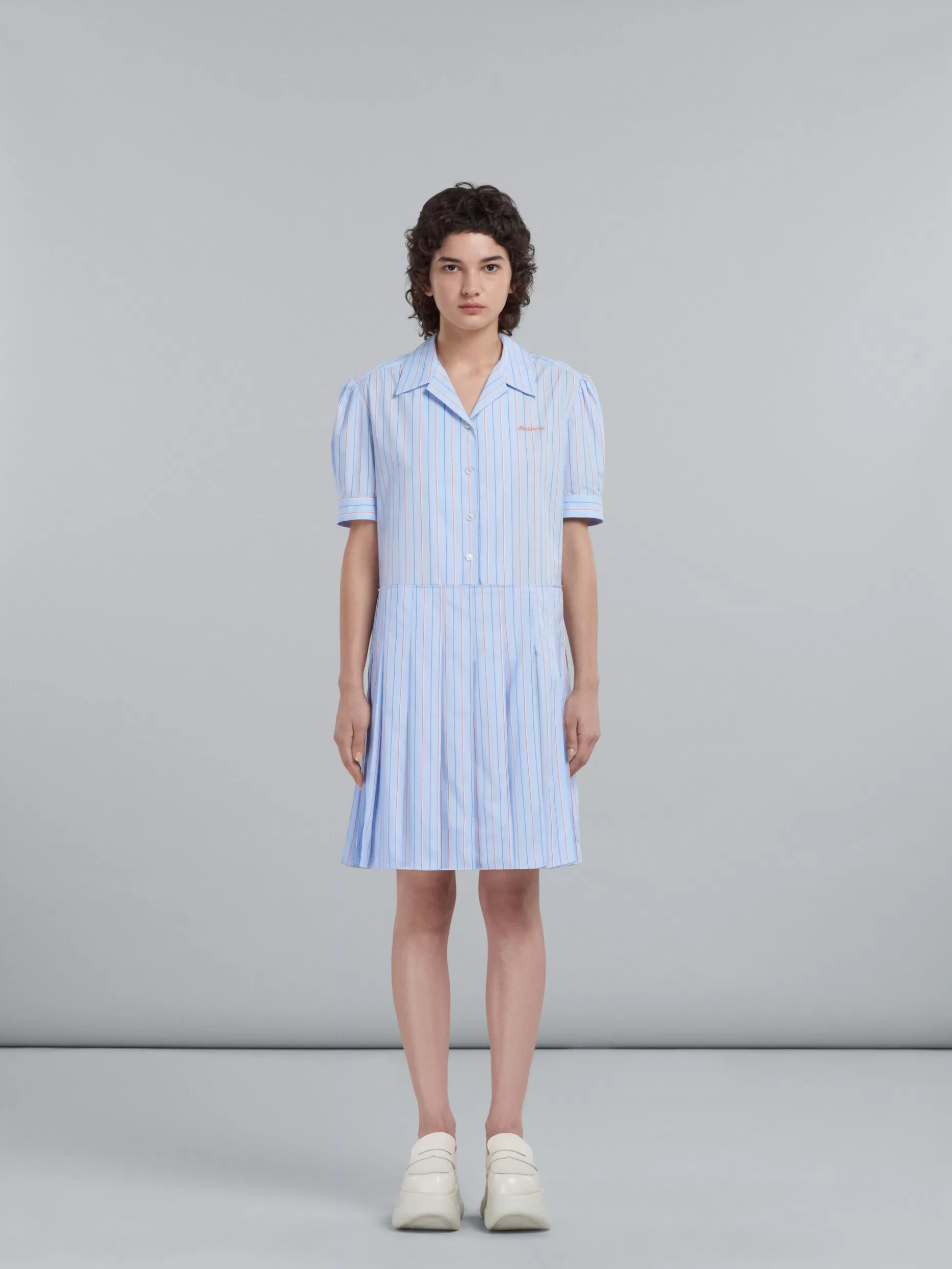 Women Marni Short Dress In Light Blue Striped Bio Poplin