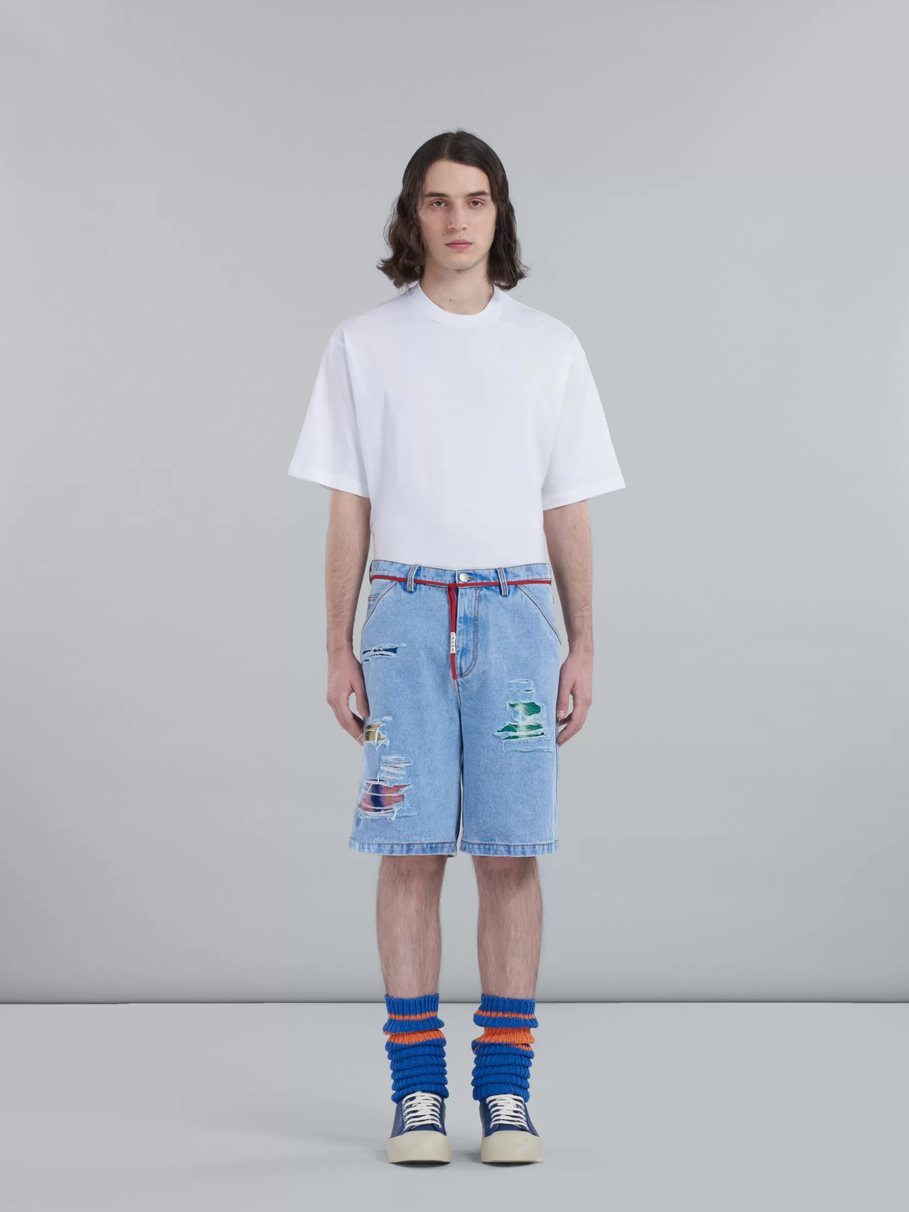 Men Marni Shorts In Coated Blue Denim And Mohair