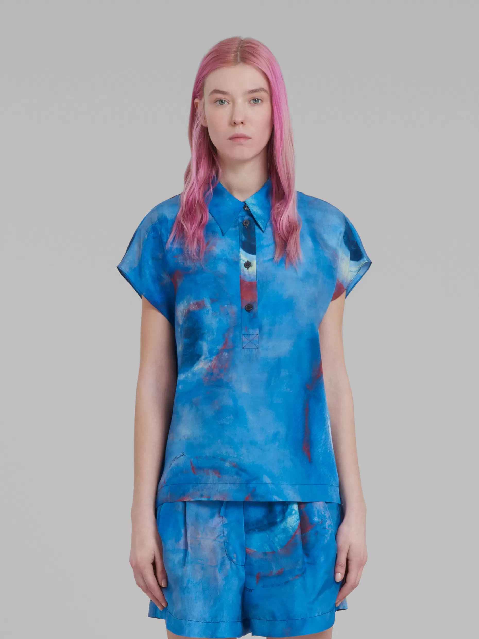 Women Marni Silk Polo Top With Buchi Blu Print