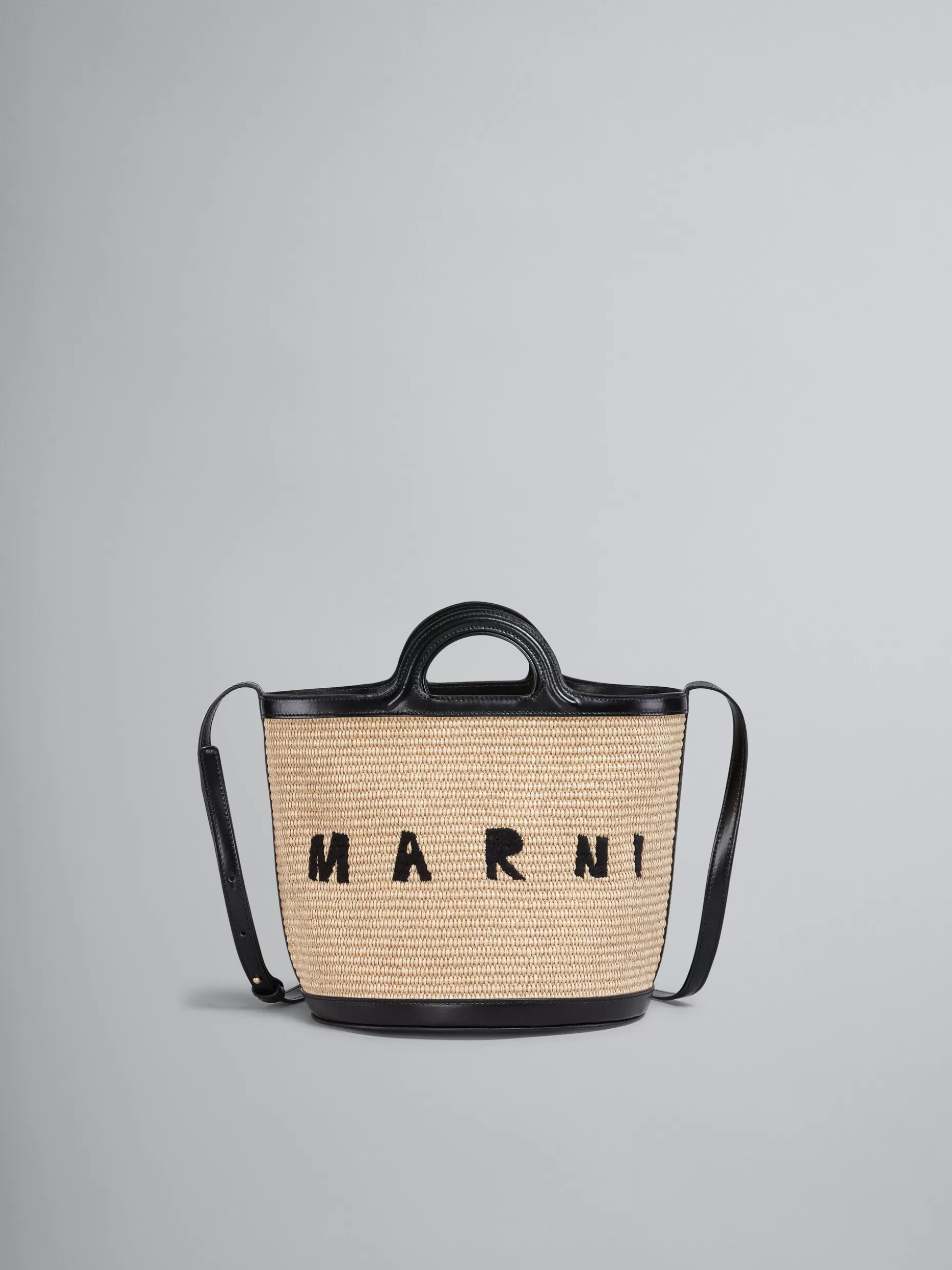 Women Marni Tropicalia Small Bucket Bag  In Black Leather And Raffia