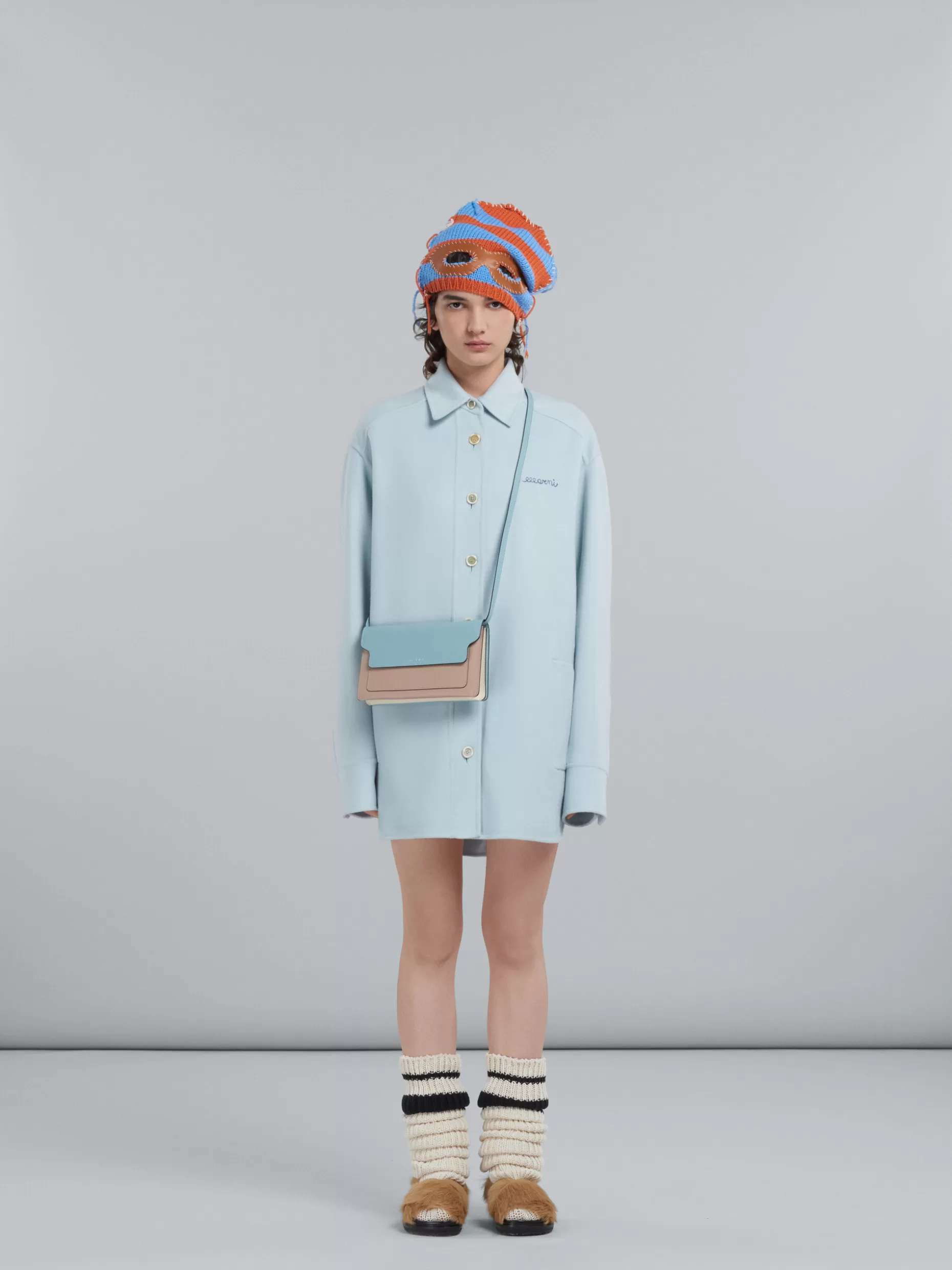 Women Marni Trunk Clutch In Light Blue Beige And White Saffiano Leather