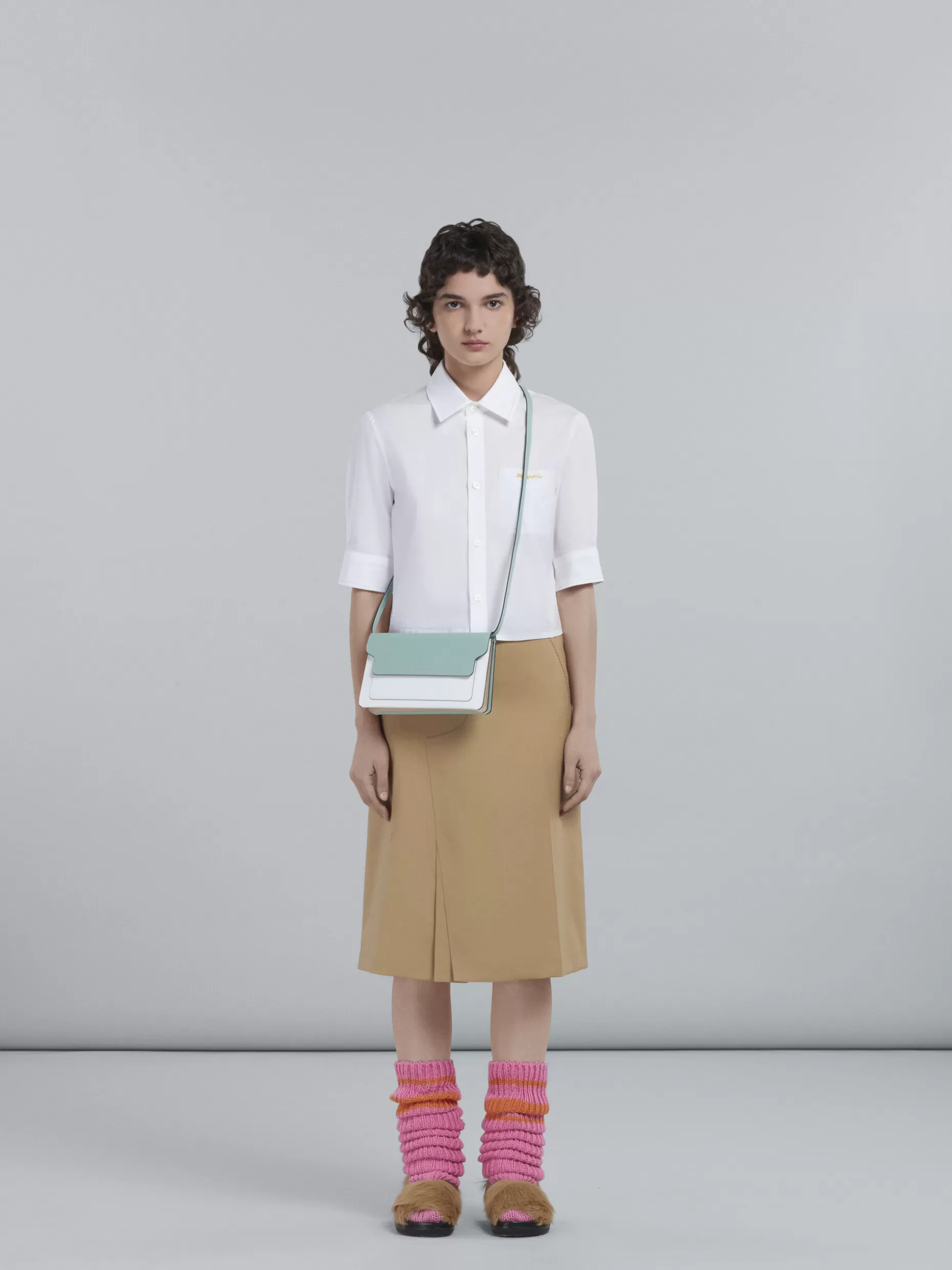 Women Marni Trunk Clutch In Light Green White And Brown Saffiano Leather