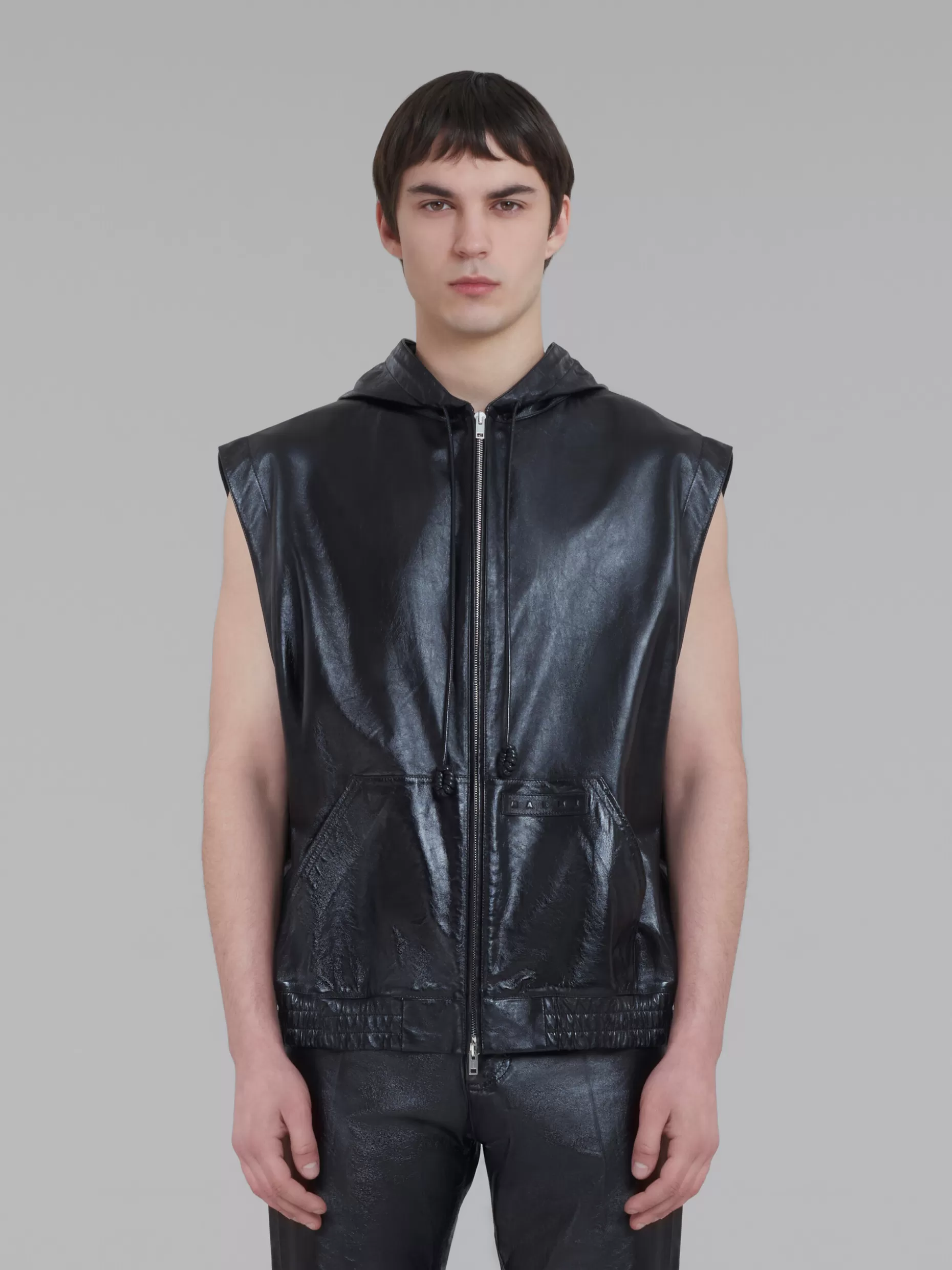 Men Marni Ultralight Naplak Leather Vest With Hood