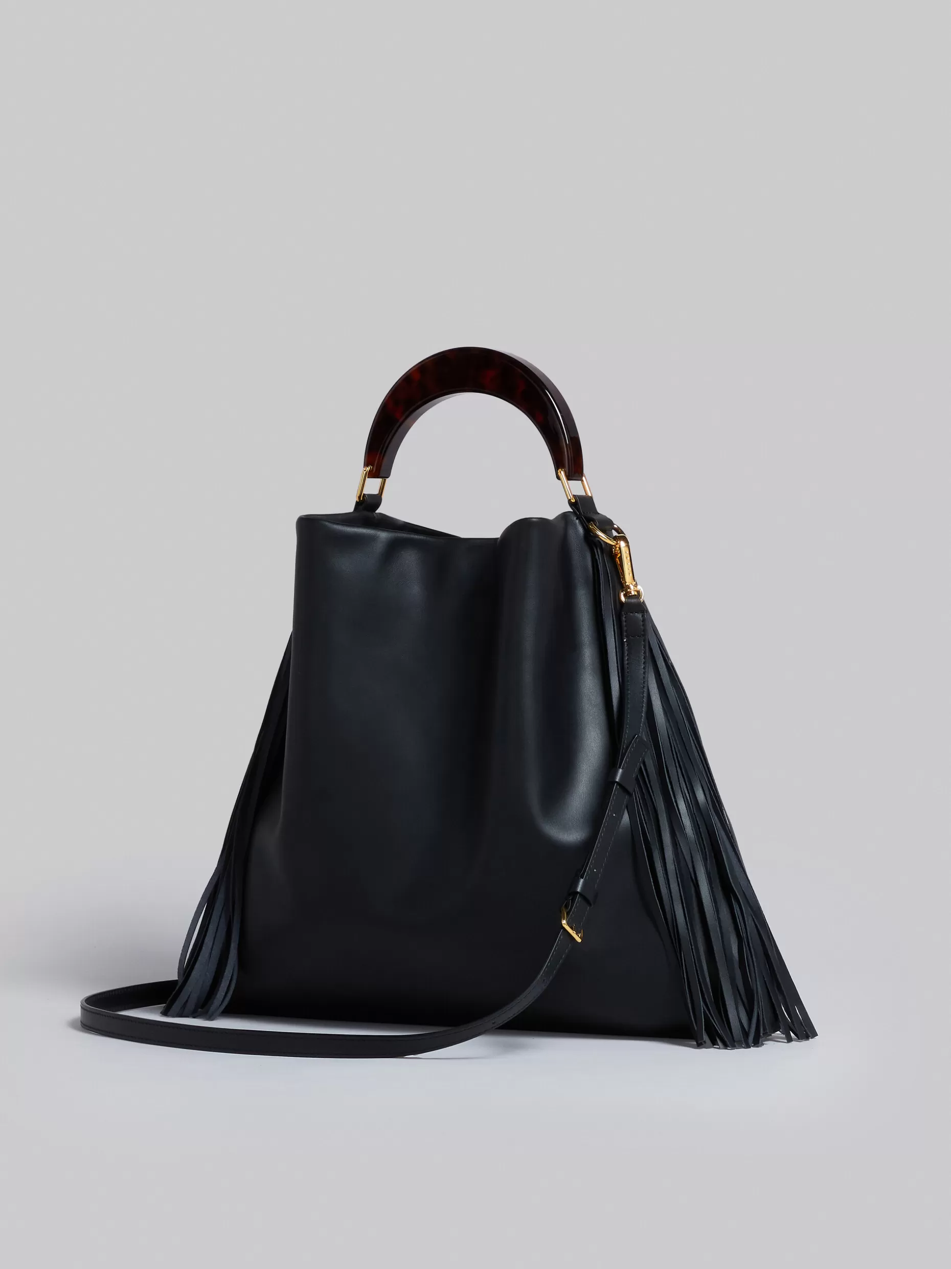 Women Marni Venice Medium Bag In Black Leather With Fringes