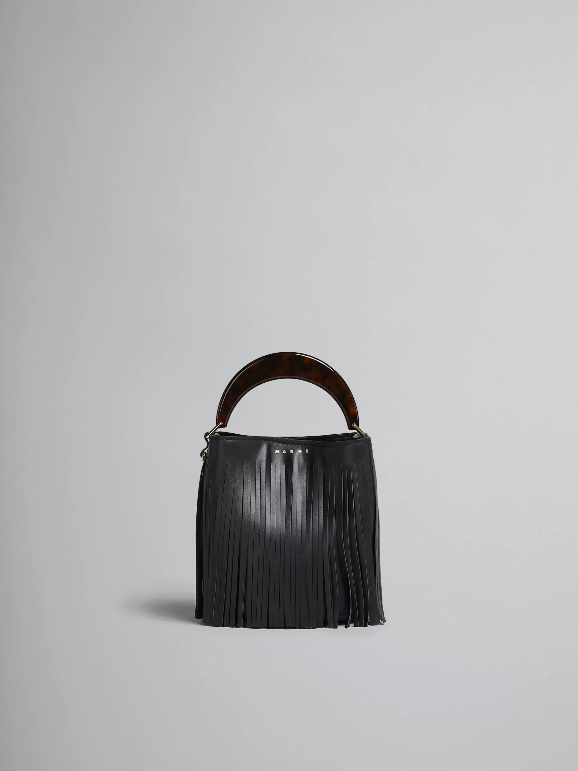 Women Marni Venice Small Bucket In Black Leather With Fringes