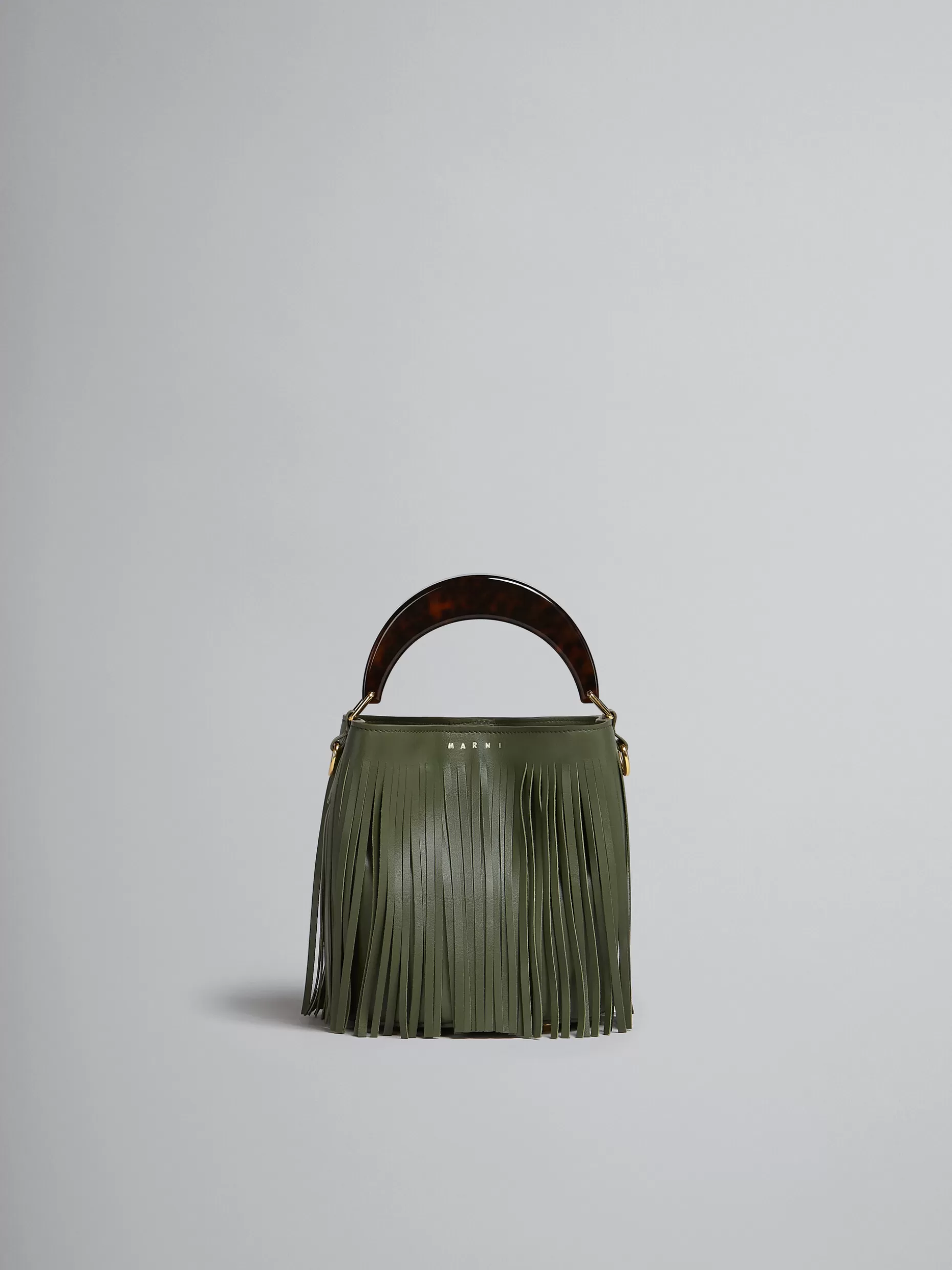 Women Marni Venice Small Bucket In Green Leather With Fringes