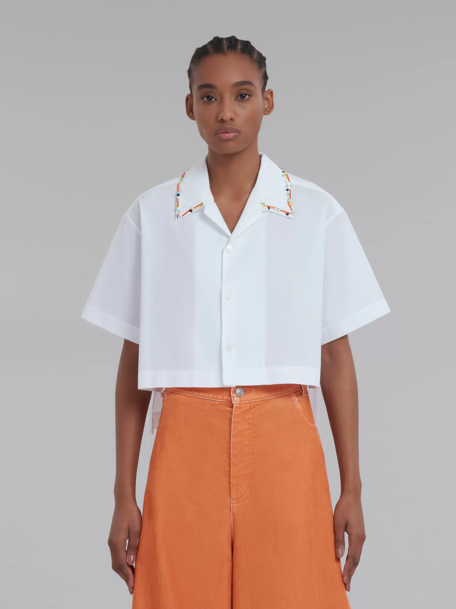 Women Marni White Bio Cotton Cropped Bowling Shirt With Beads