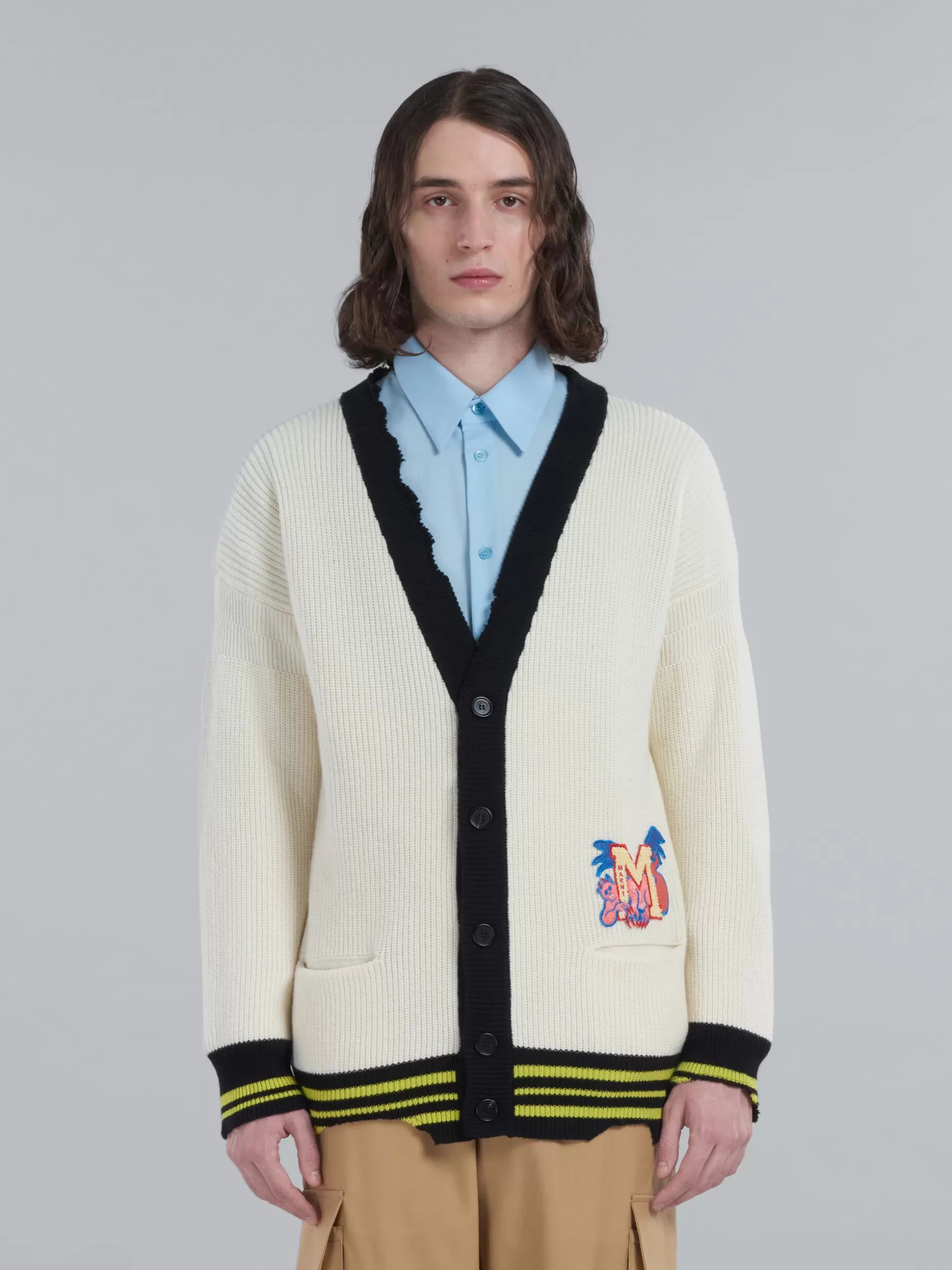 Men Marni White Cotton And Wool Cardigan With Patch