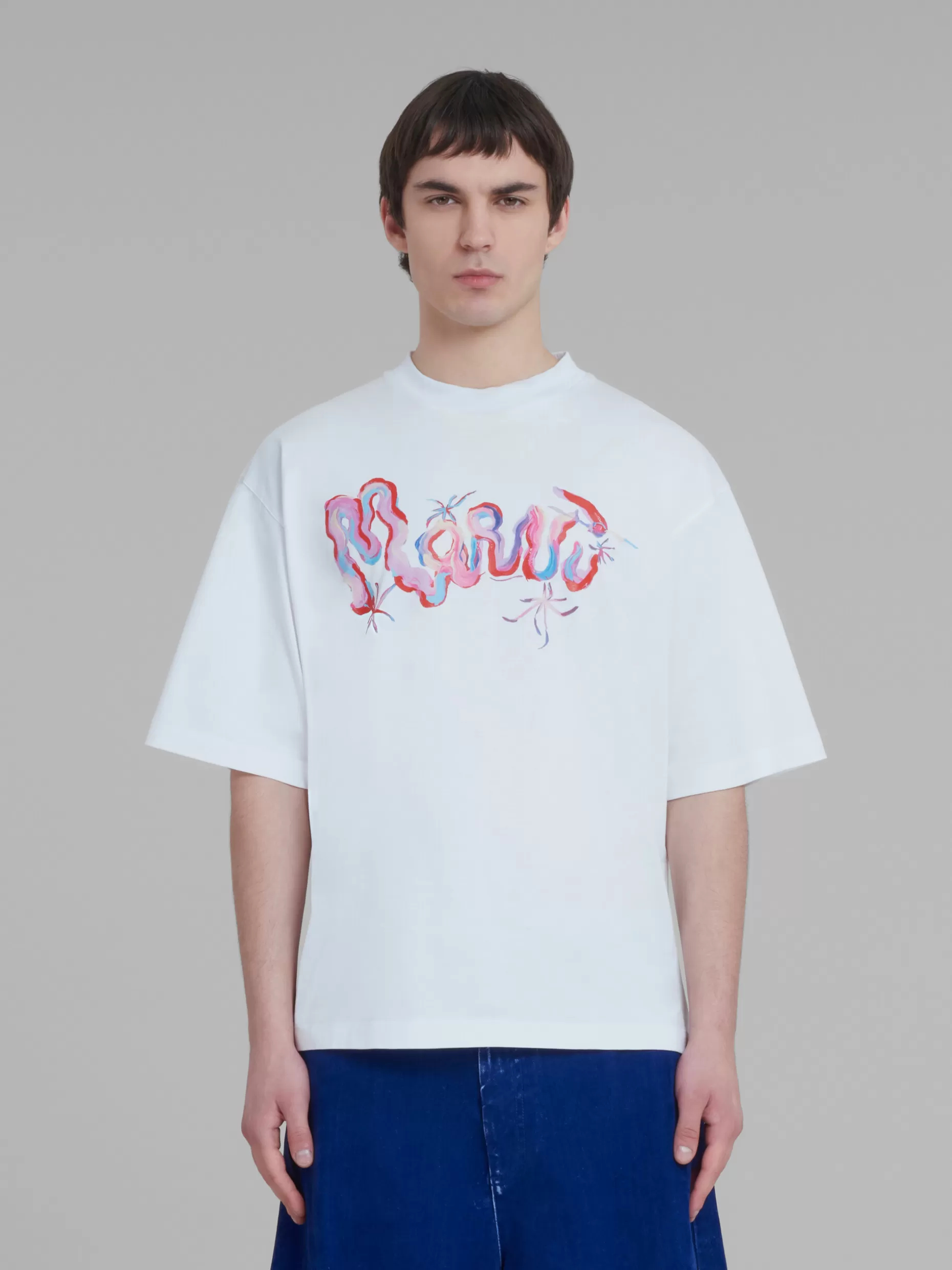 Men Marni White Cotton T-Shirt With Whirl Print