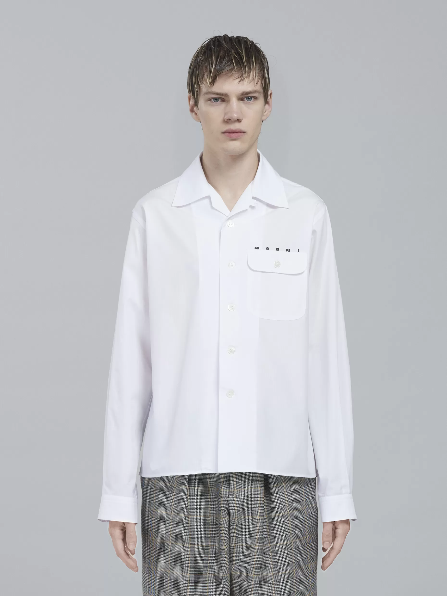 Men Marni White Poplin Long-Sleeved Logo Bowling Shirt