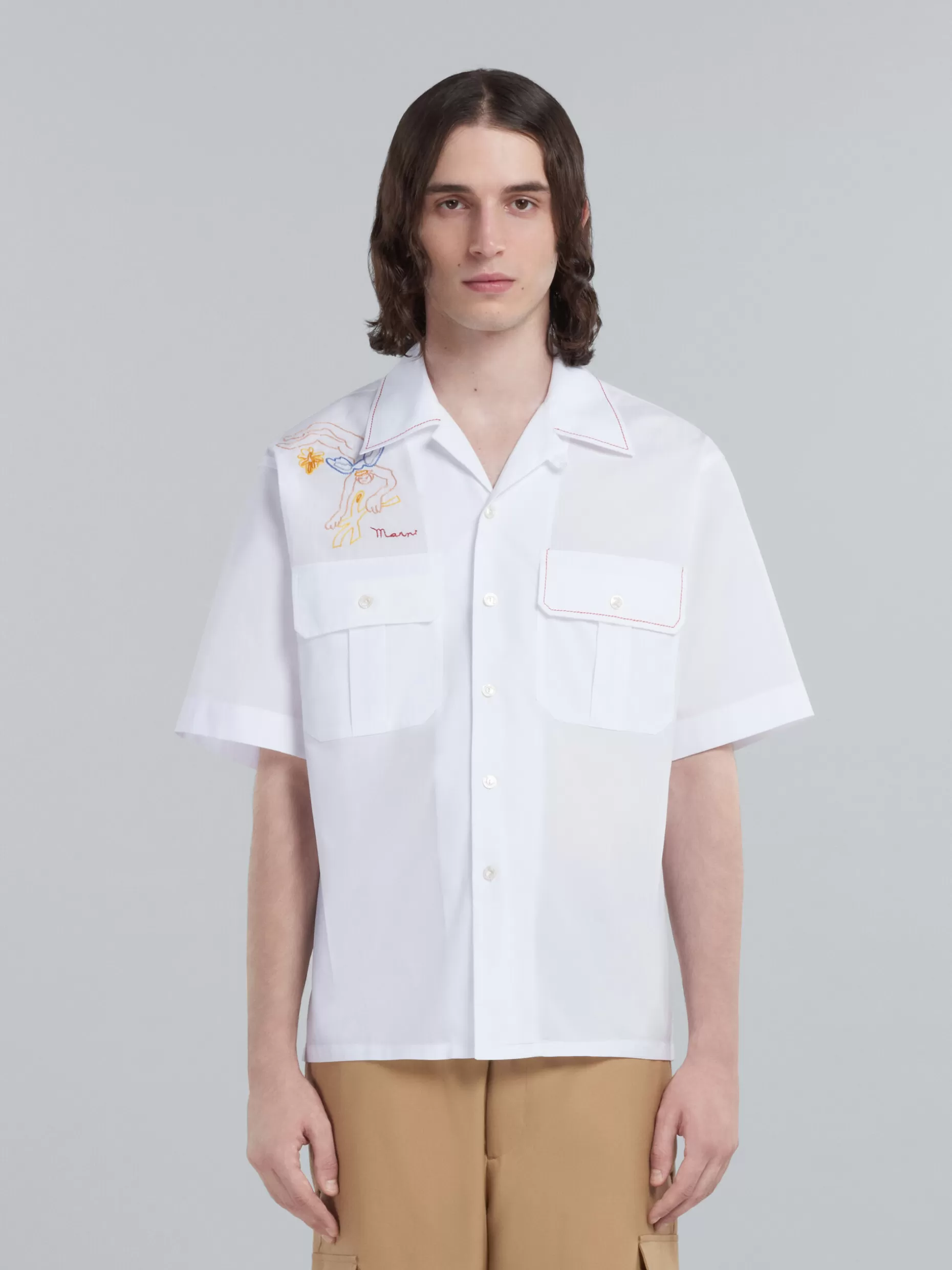 Men Marni White Poplin Shirt With Embroidery