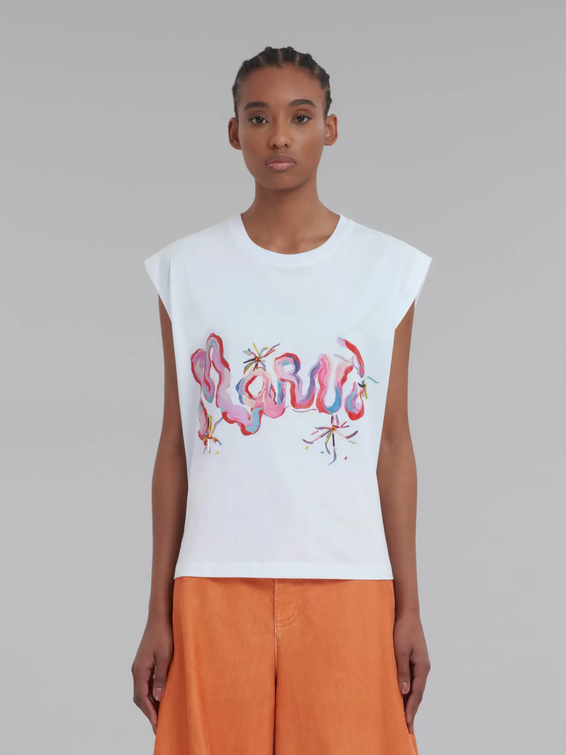 Women Marni White Sleeveless Jersey T-Shirt With Whirl Print