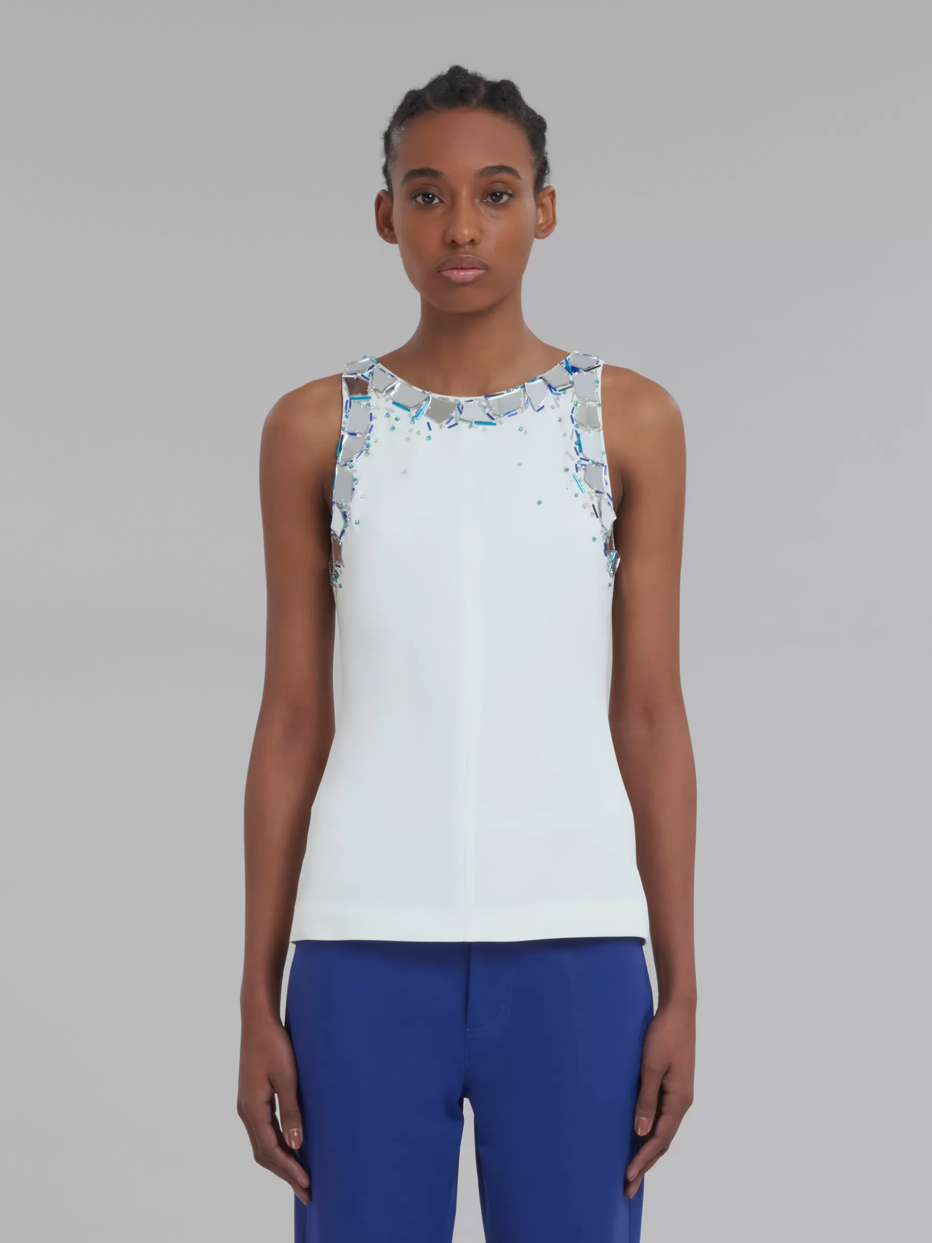 Women Marni White Stretch Cady Top With Beaded Neckline