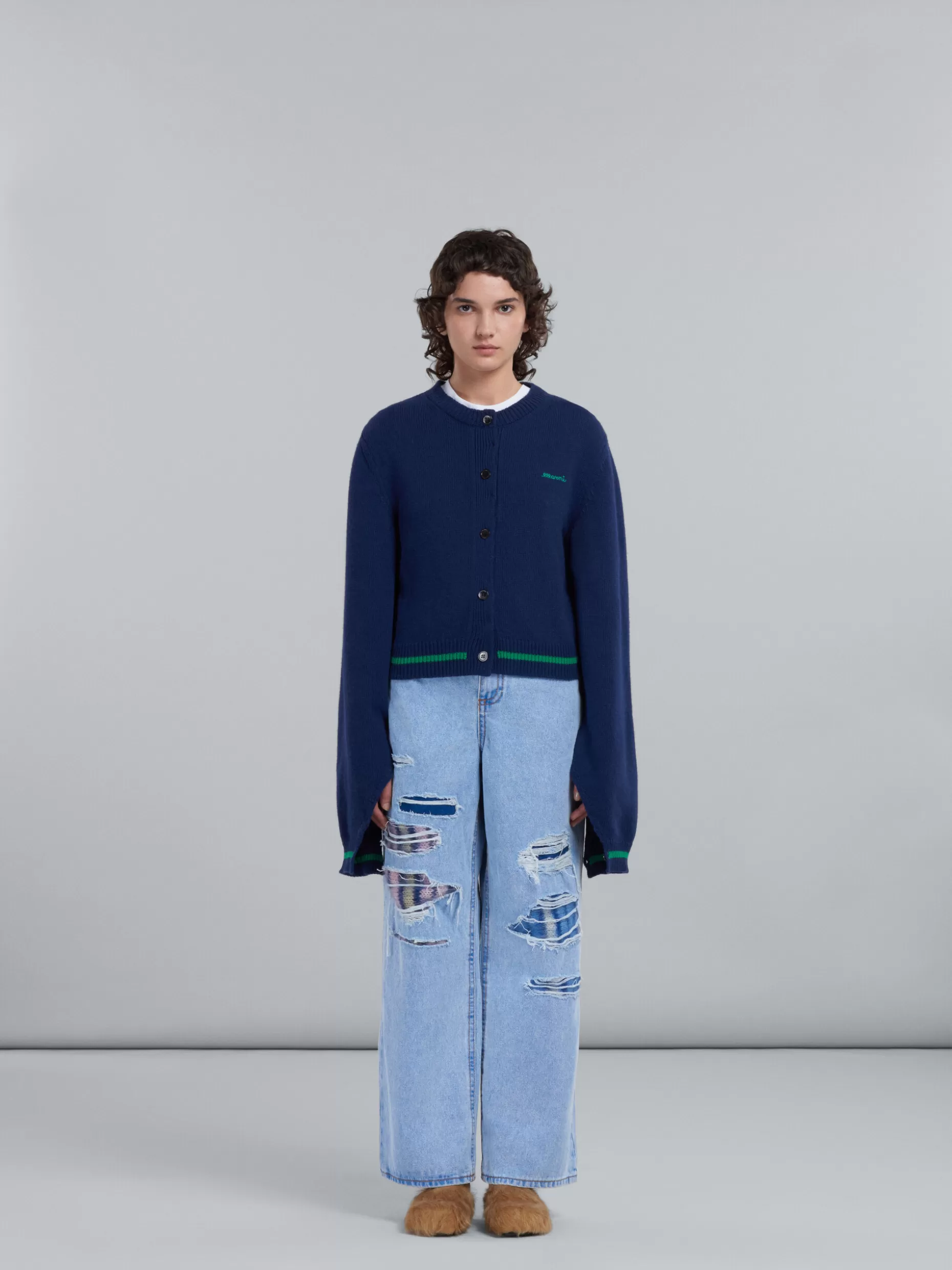 Women Marni Wide Trousers In Light Blue Denim And Mohair