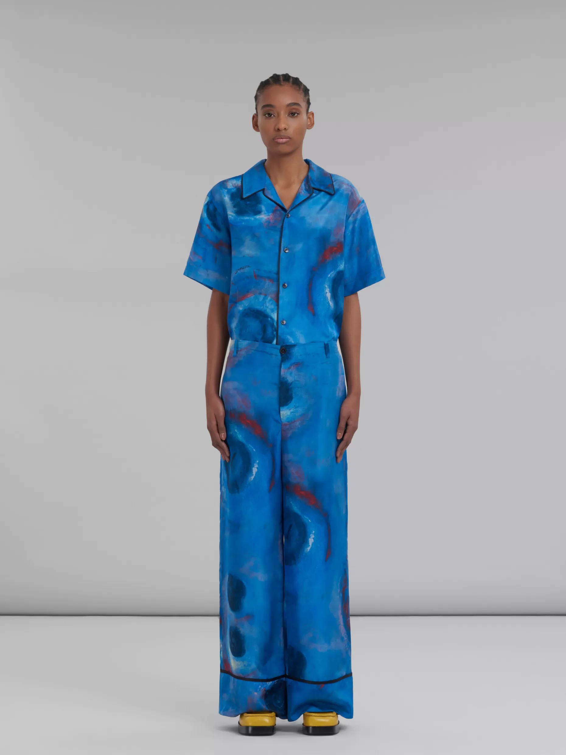 Women Marni Wide-Leg Silk Trousers With Buchi Blu Print