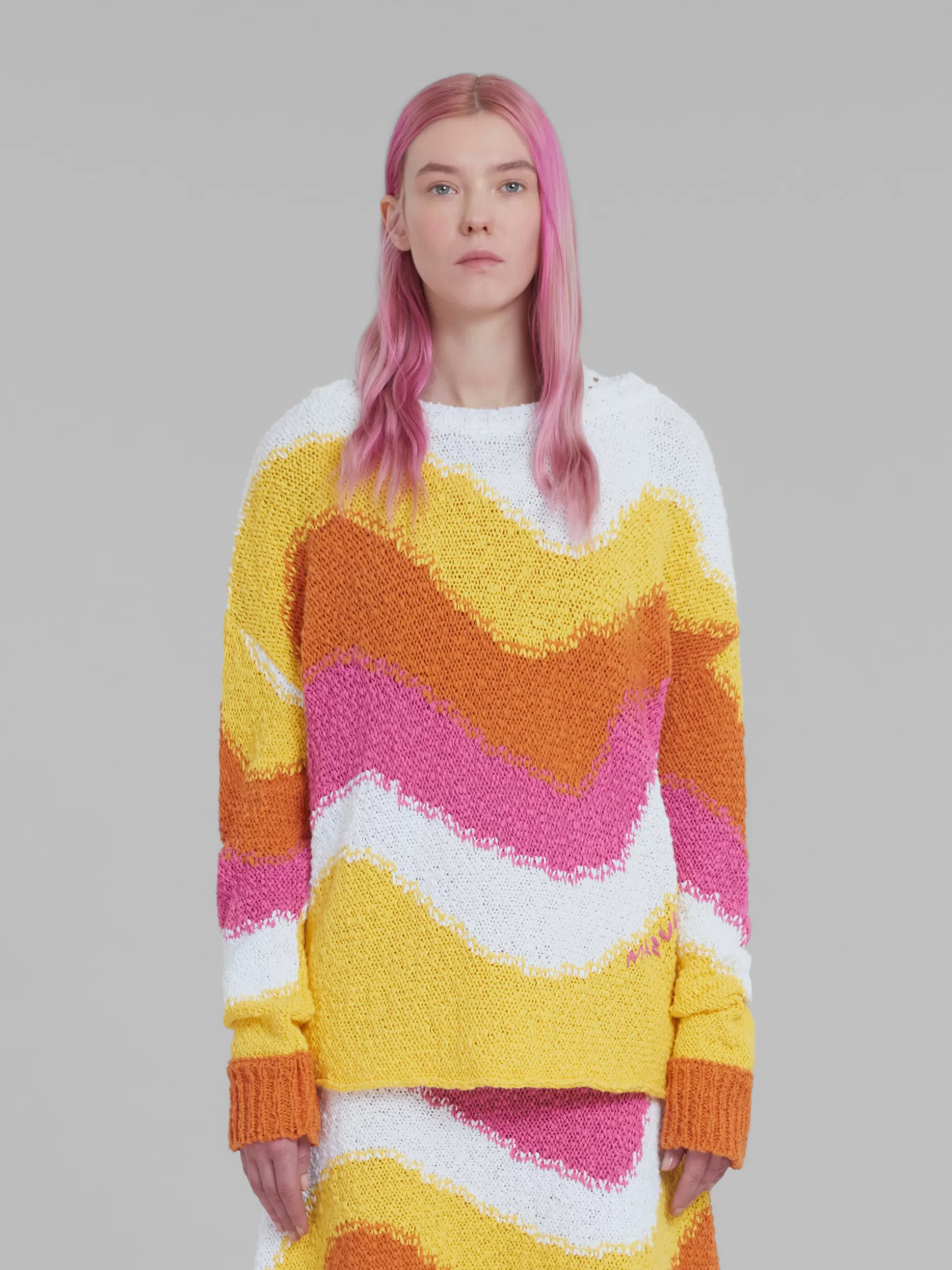 Women Marni Yellow Cotton Jumper With Wavy Stripes